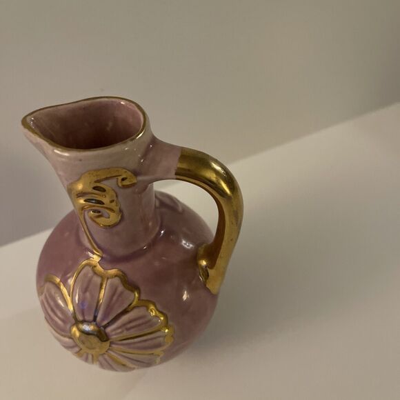 Vintage Ceramic Rose Pink Gold Daisy Small Pitcher - Picture 2 of 5